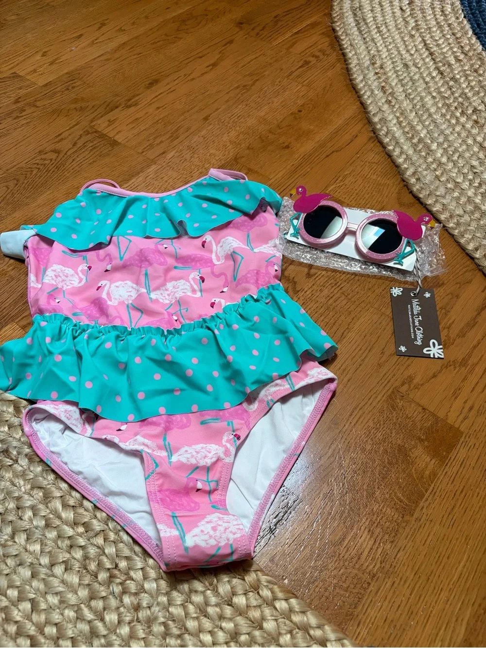 Matilda Jane Pink Flamingo One-Piece Swimsuit with Teal Ruffle & sunglasses